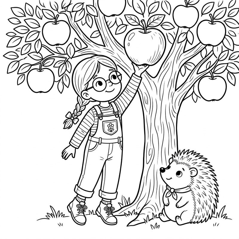 Malbuch-Seite: Nele mit dem Igel Ida unter einem Apfelbaum, schwarz-weiß zum Ausmalen
